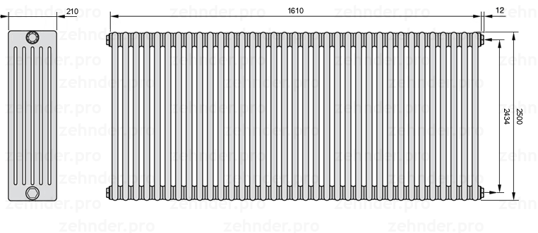 Схема (чертеж) Радиатор Zehnder Charleston 6250/35 №7610 Белый глянцевый RAL 9016